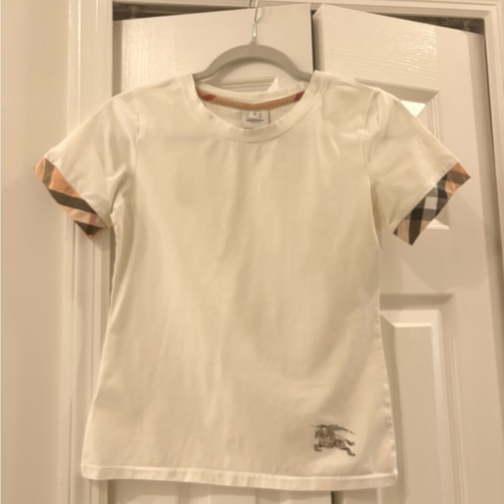 Burberry White Tee with Checkered Sleeves